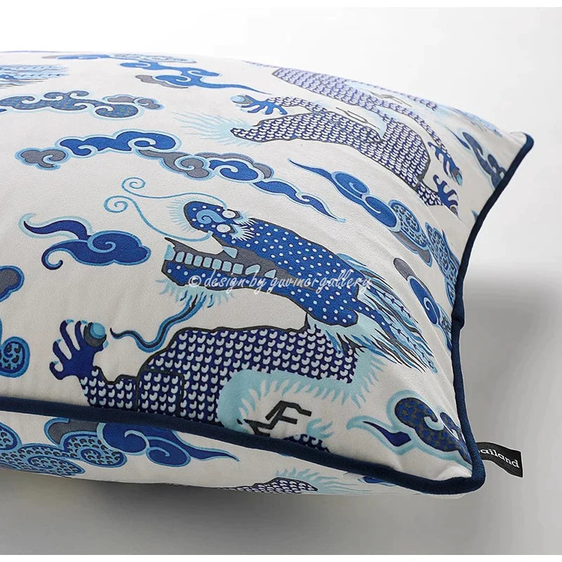 Afralia™ Indigo Blue Dragon Velvet Pillow Cover 60x60cm Eclectic Style Home Decor
