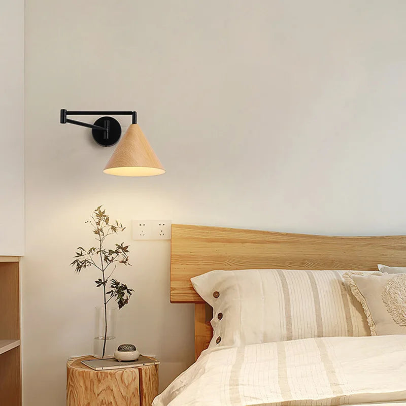 Afralia™ Nordic Wood Grain Wall Lamp with Retractable Rocker Arm for Living Room and Bedroom