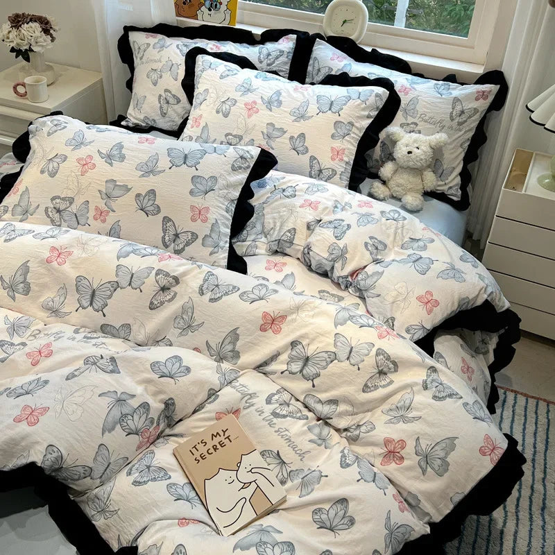 Afralia™ Black White Printed Bed Skirt Bedding Set - Cozy Skin Friendly Linens