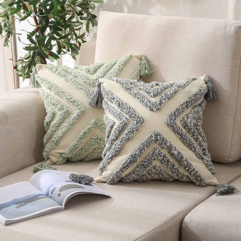 Yellow Grey Embroidery Cushion Cover with Tassels for Stylish Home Decor by Afralia™