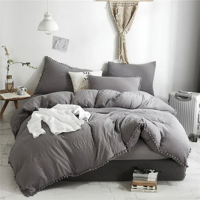 Afralia™ Furball Tasseles Bedding Set | King/Queen Duvet Cover & Washed Quilt Cover Set