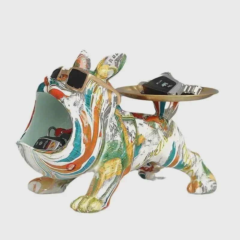Afralia™ Resin French Bulldog Figurine with Tray - Colorful Dog Statue for Home Office Decor