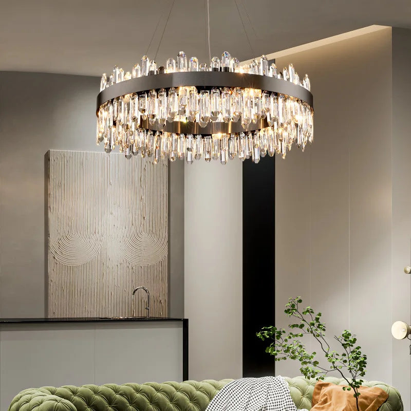 Afralia™ Modern Gold/Black Crystal Chandelier, Adjustable Dining Room Ceiling Fixture