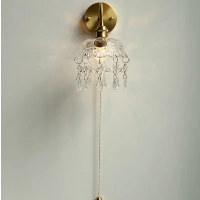 Afralia™ Nordic LED Wall Light with Pull Chain Switch, Crystal Glass Bedside Lamp