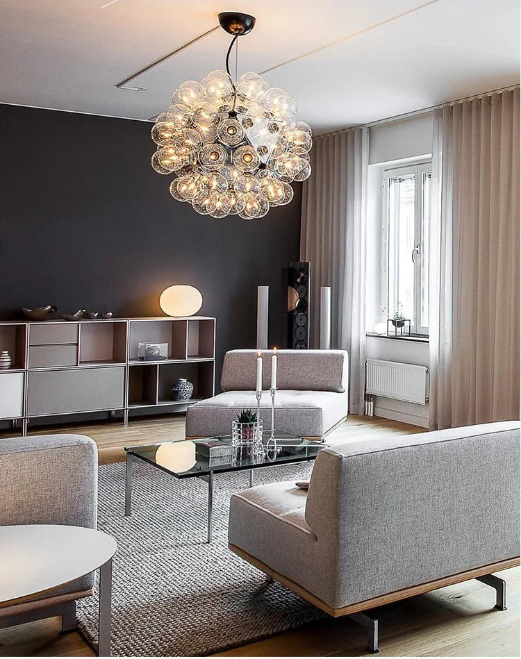 Afralia™ Clear Glass Bubble G4 LED Dandelion Chandelier - Gold/Silver/Black Hardware