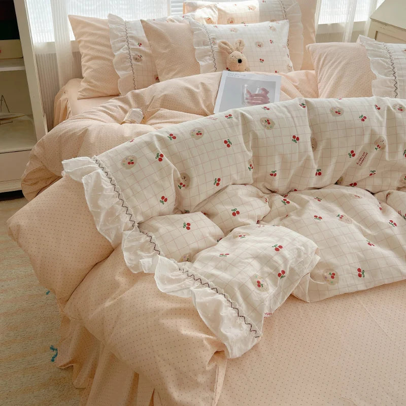 Afralia™ Cotton Small Florals Princess Bedding Set - Queen Size - Duver Cover Bed Sheet Bed Skirt Pillowcases
