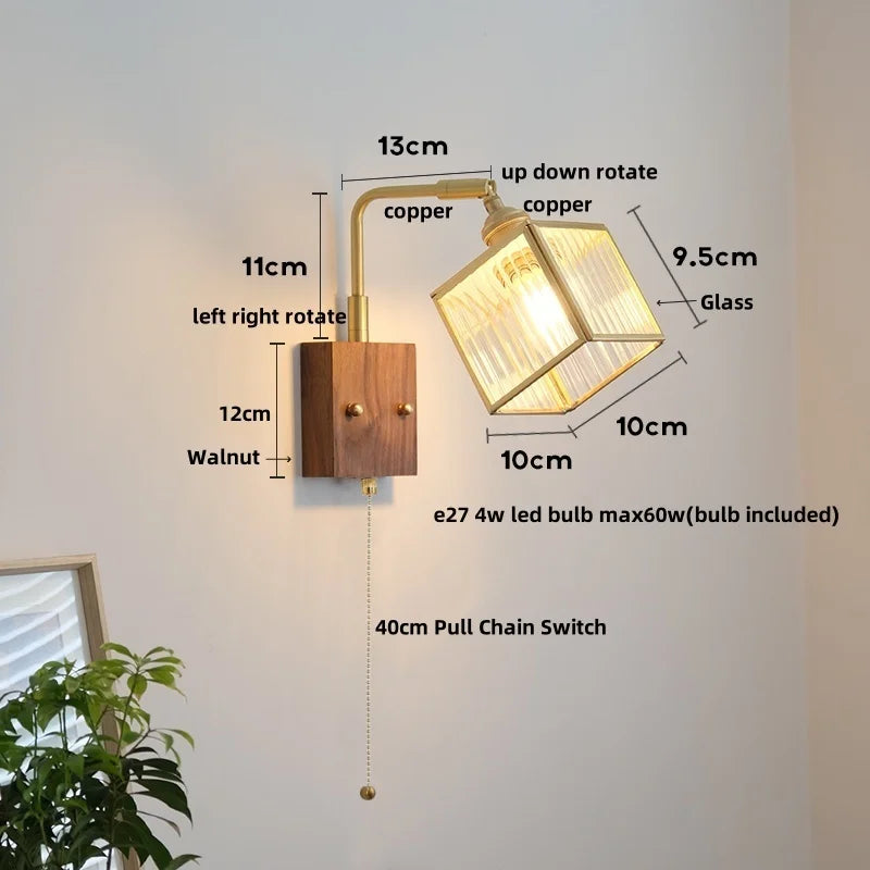 Afralia™ Wood Cube Glass LED Wall Lights with Pull Chain Switch for Modern Interiors