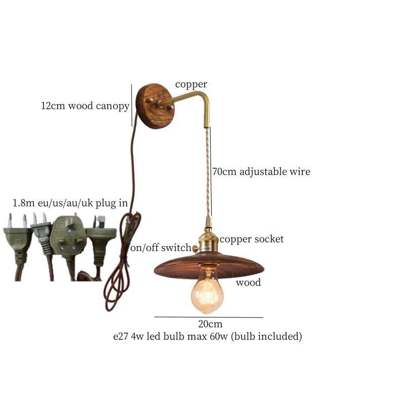 Afralia™ Nordic Wood LED Wall Lamp Pull Chain Switch for Home Decor & Lighting