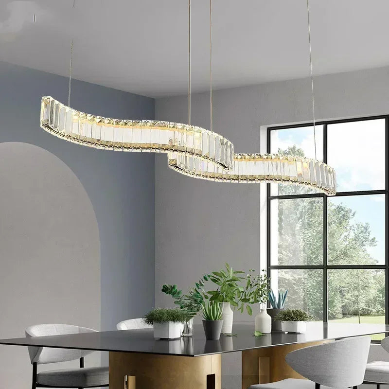Afralia™ Modern S Wave Steel Crystal Pendant Lights - Dimmable LED Luminaria
