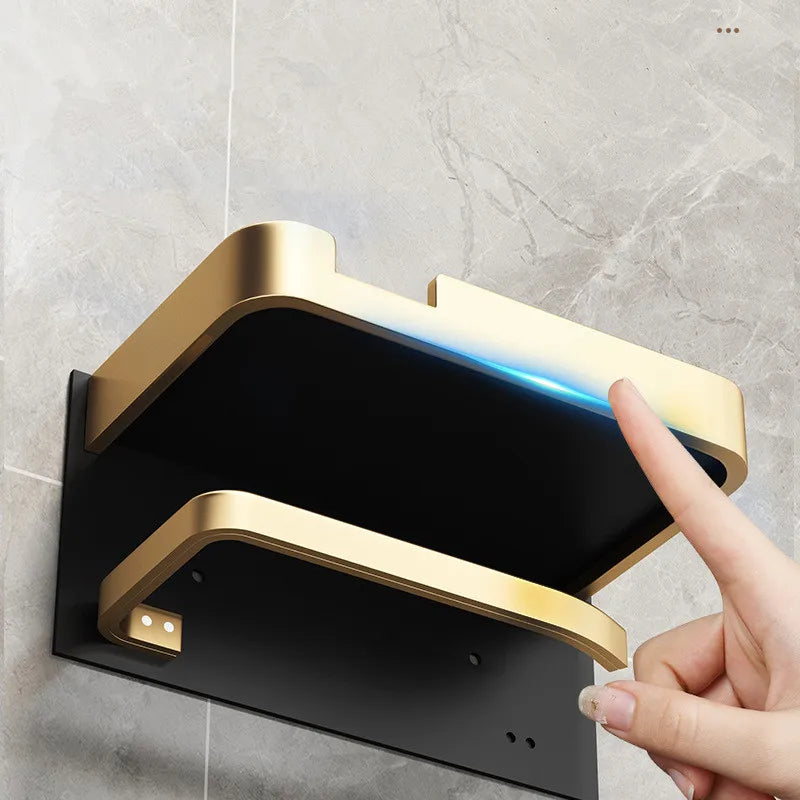 Afralia™ Toilet Paper Holder with Phone Holder Black/Gold Wall Mount Bathroom Rack