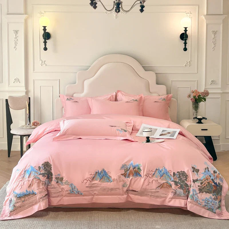Afralia™ Mountain River Landscape Embroidery Bedding Set - Duvet Cover, Bed Sheet, Pillowcases