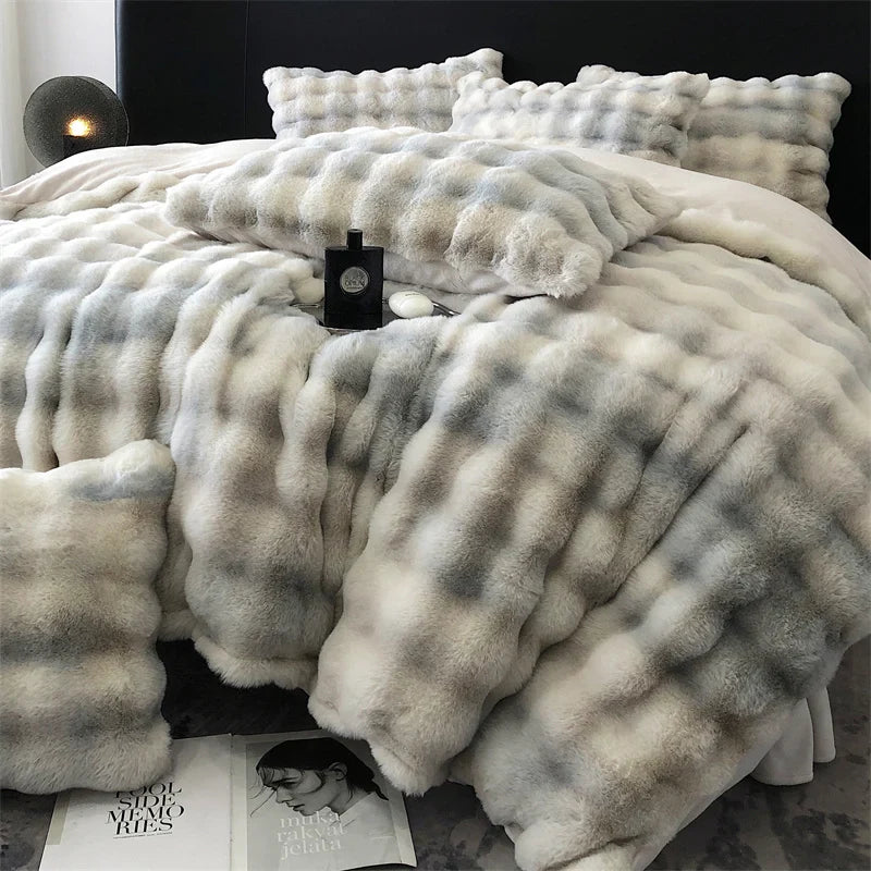 Afralia™ Faux Rabbit Fur Velvet Bedding Set, Plush Duvet Cover, Sheet, Pillowcases, Gradient Color