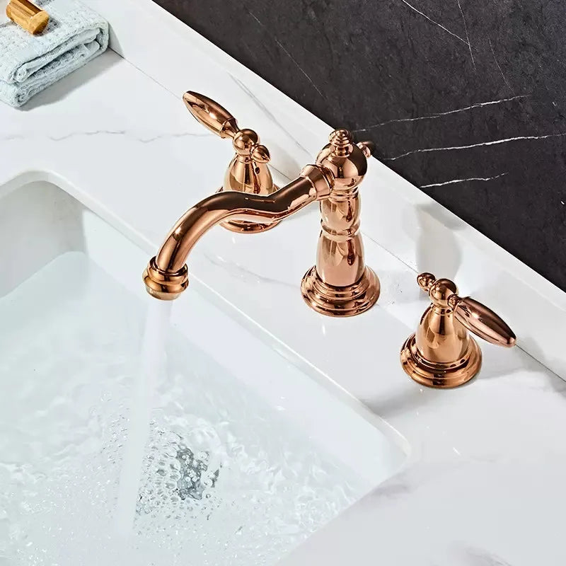 Afralia™ Rose Gold Widespread Bathroom Faucet for Basin, Antique 3 Hole Sink Tap