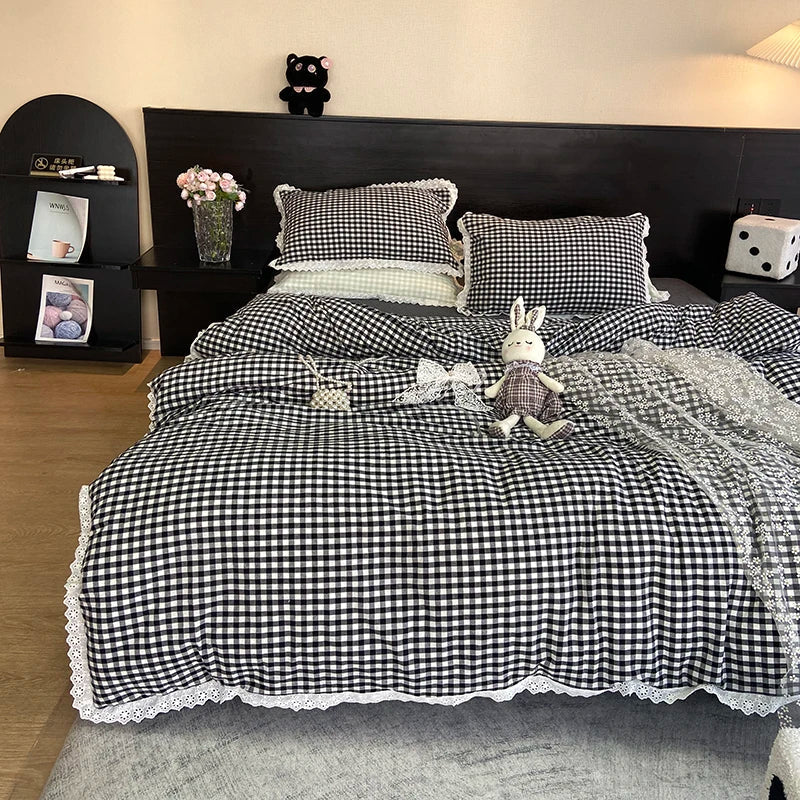Afralia™ Vintage Lace Cotton Quilt Cover Set, Plaid Design, Black & White, 4Pcs
