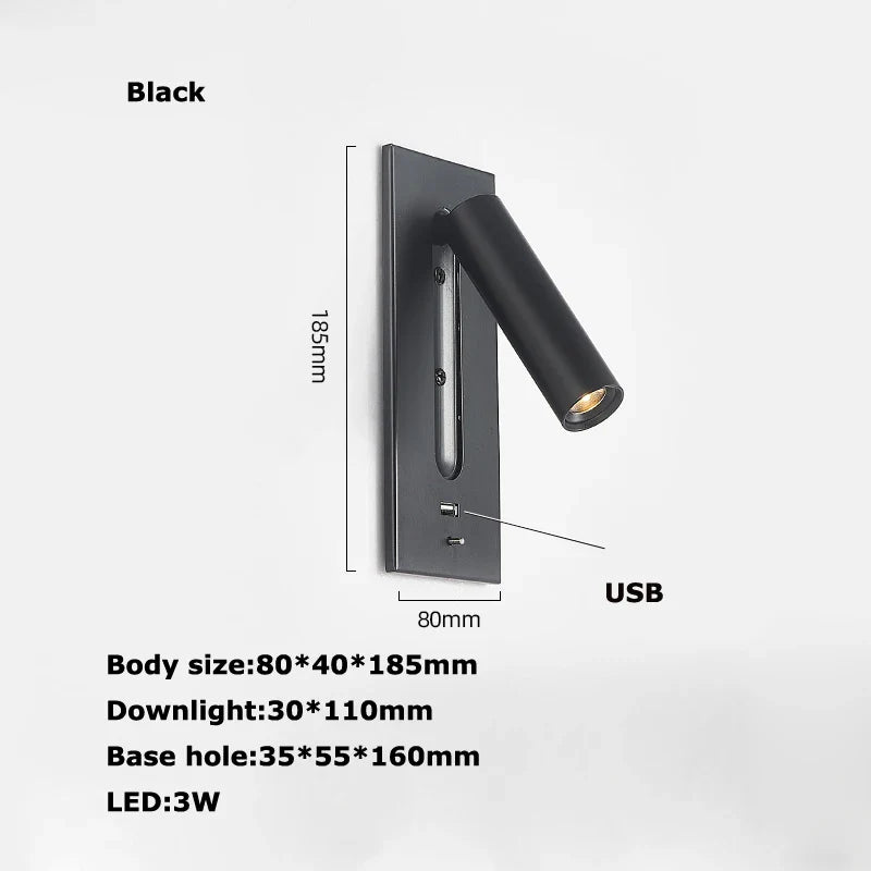 Afralia™ LED Wall Lamp with Switch, USB Port, Rotatable - Bedroom Reading Light