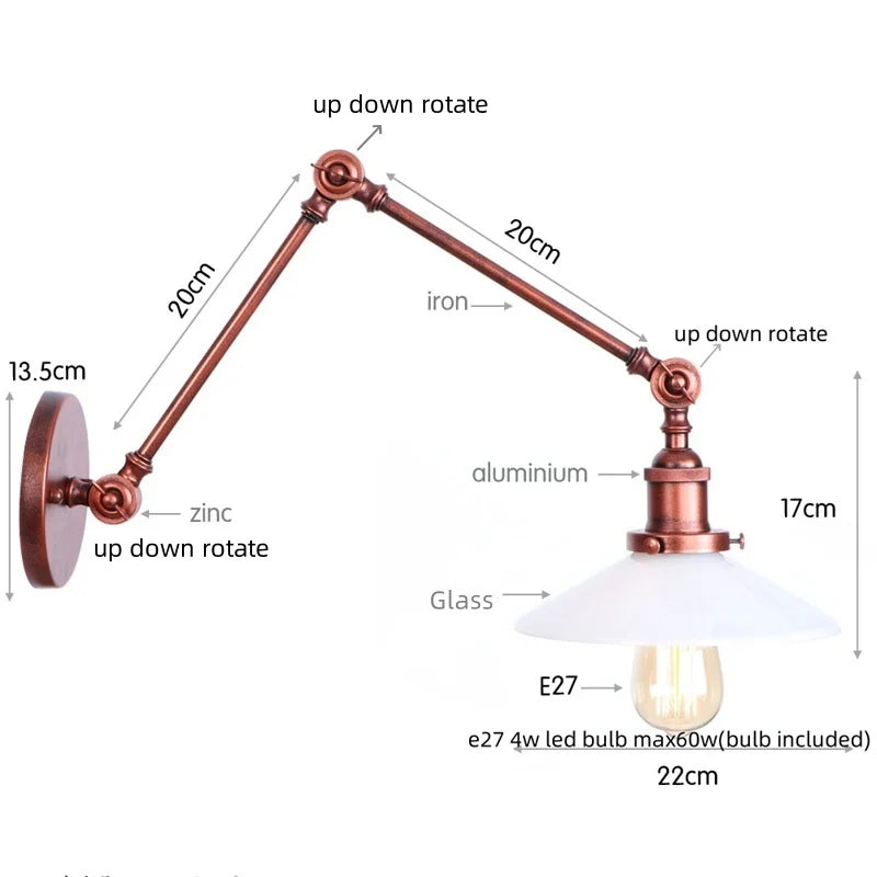 Afralia™ Adjustable Glass Swing Arm LED Wall Sconce with Pull Chain Switch