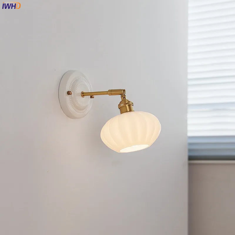 Afralia™ White Glass LED Wall Lights Fixtures Up And Down Ceramic Canopy Copper Arm Socket
