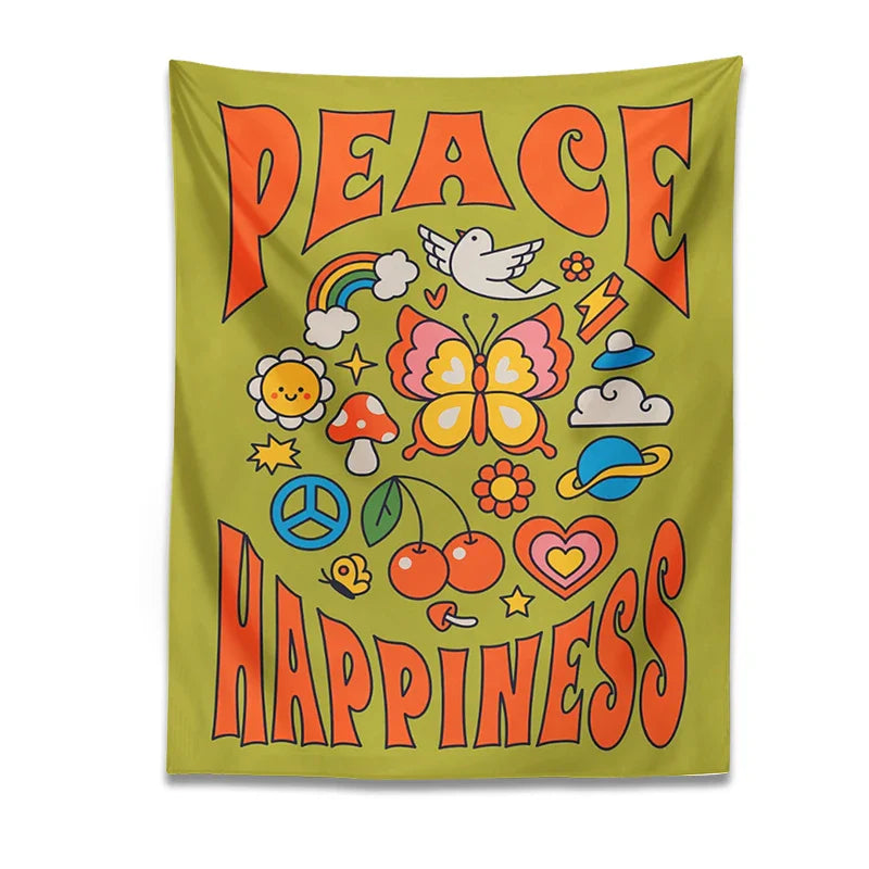 Afralia™ Hippie Trippy Tapestry: Flower Peace Happiness Butterfly Rainbow Sun Wall Decor