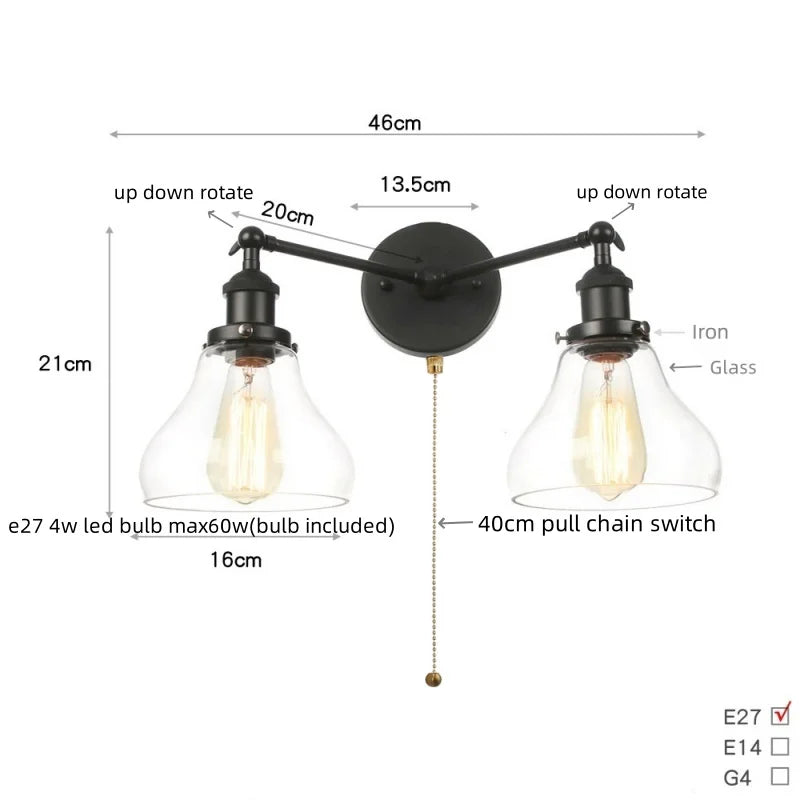 Afralia™ Black LED Wall Lamp Sconce Industrial Loft Vintage Bathroom Mirror Light