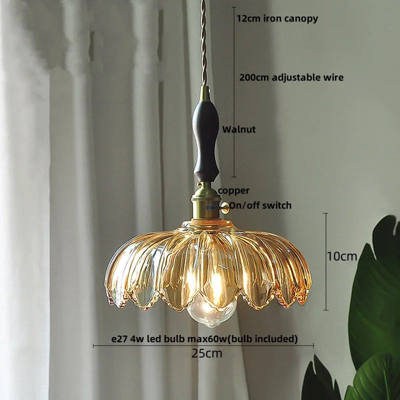 Afralia™ Amber Flower Glass Pendant Lamp LED Knob Switch Nordic Modern Hanging Lights