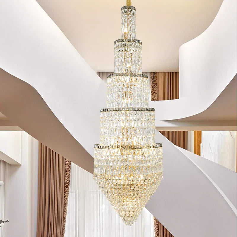 Afralia™ Crystal Hollow Long Chandelier: Elegant Duplex Villa Hall Lighting