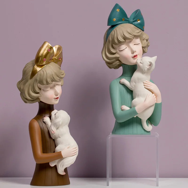 Bow Hairpin Girl Figure Statue Holding Kitten & Dog Sculptures by Afralia™