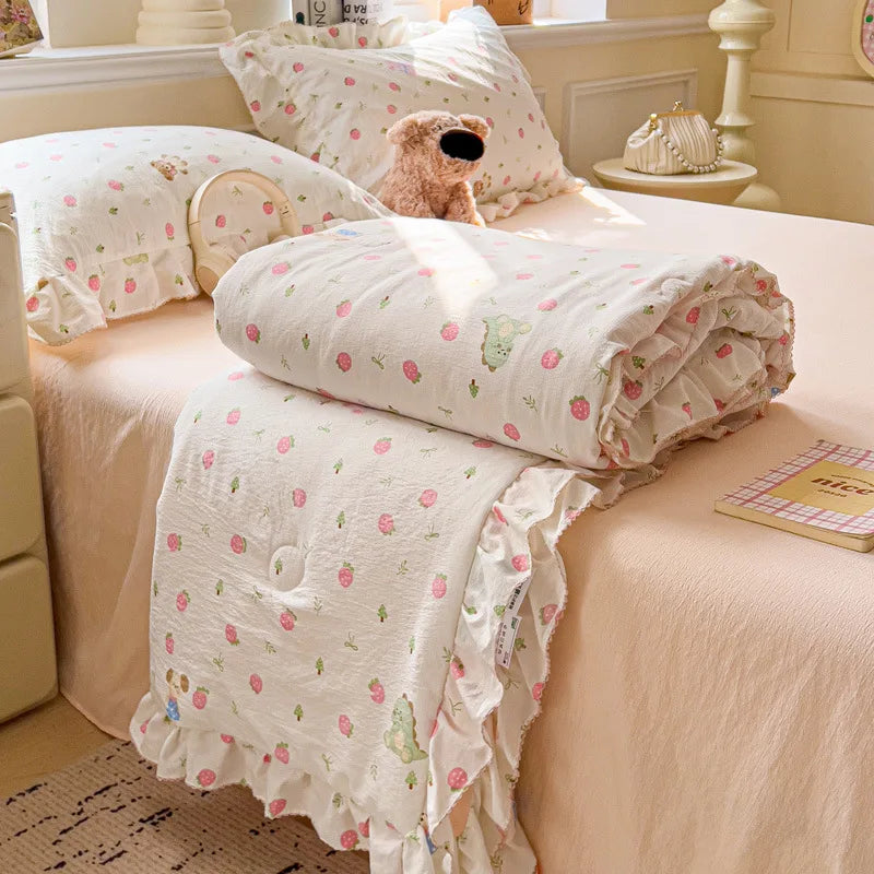 Afralia™ Korean Cotton Patchwork Quilt with Lace and Ruffle for Summer
