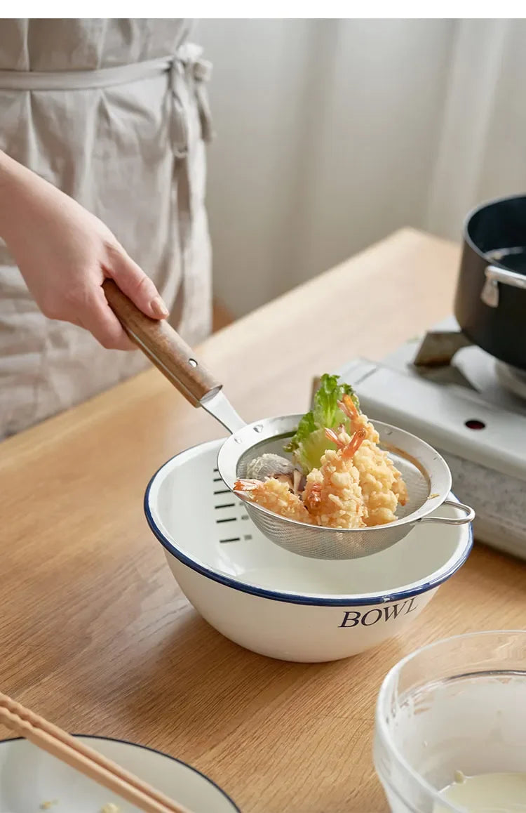 Afralia™ Fine Mesh Wooden Handle Strainer Colander for Frying & Cooking