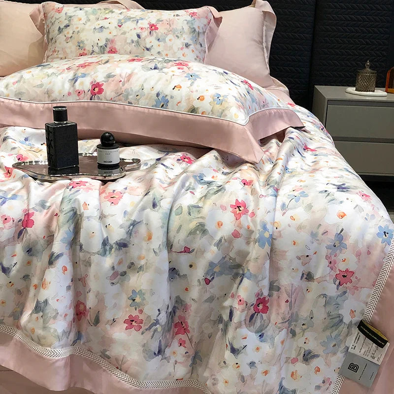 Afralia™ Lyocell Fiber Flowers Summer Quilt Bedding Set - Soft & Silky Comforter with Bed Sheet