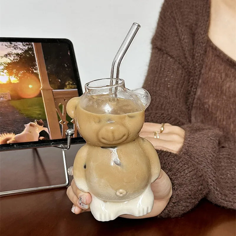 Afralia™ Bear Glass Cups: Cute Heat-resistant 320ml Latte Cups for Coffee.