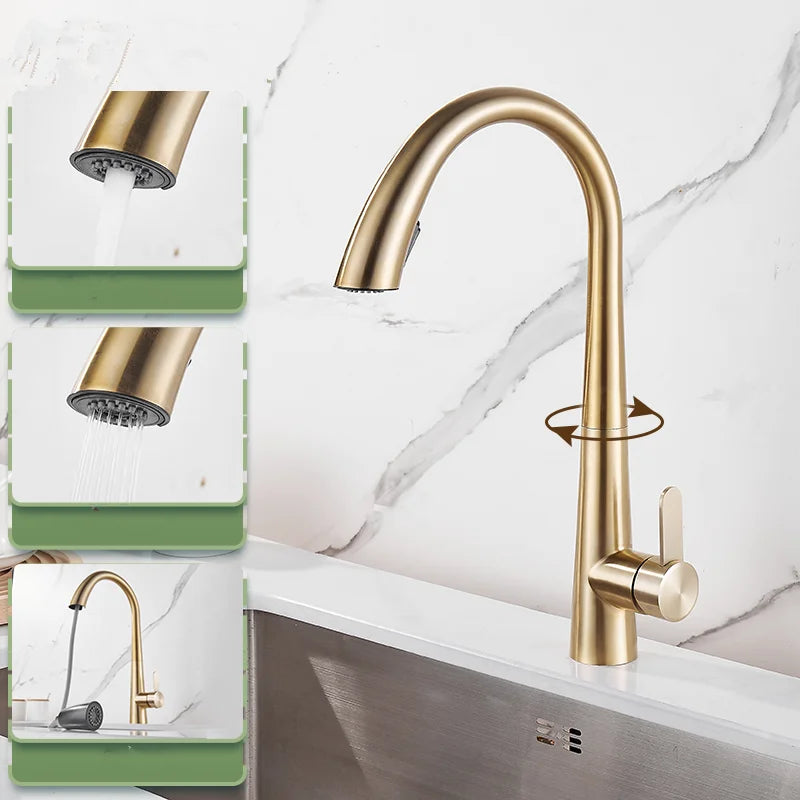 Afralia™ Brushed Gold Kitchen Sink Faucet with Pull Out Spring Spout