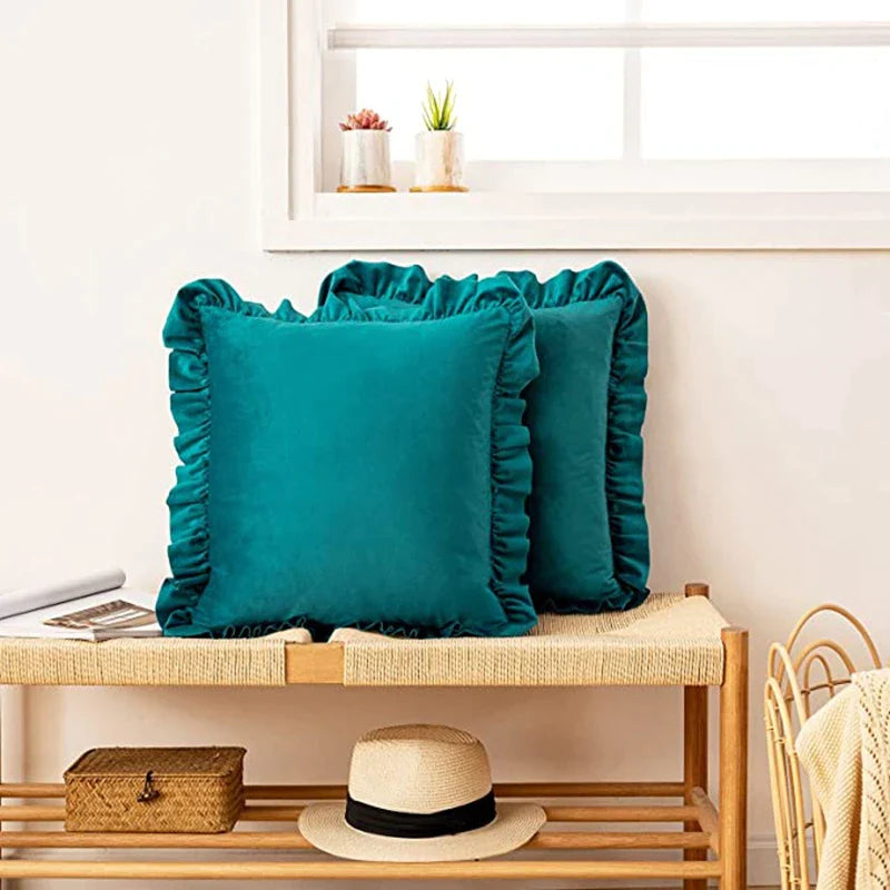 Afralia™ Velvet Ruffle Teal Throw Pillow Covers - Set of 2