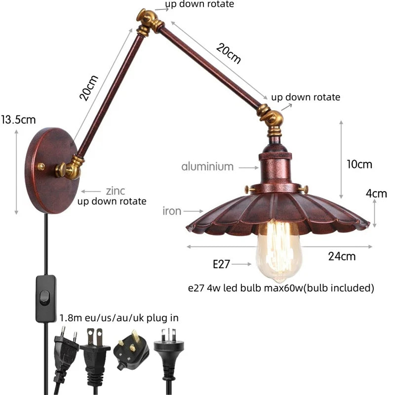 Afralia™ Rustic Iron LED Wall Sconce, Industrial Vintage Long Arm Stair Light Fixtures