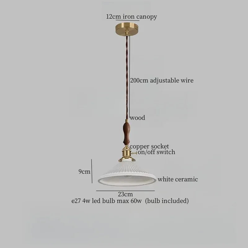 Afralia™ Ceramic LED Pendant Lamp with Wood Handle for Bedroom, Living Room, Dining - Vintage Japanese Style
