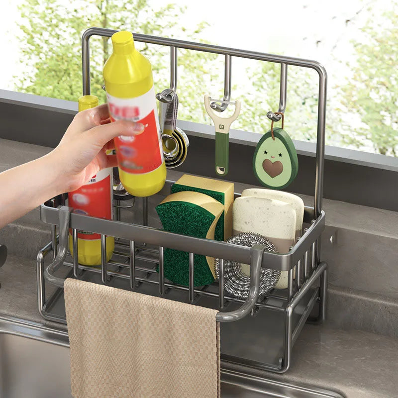 Afralia™ Stainless Steel Kitchen Sink Shelf & Sponge Holder Towel Organizer Basket