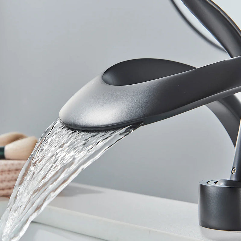 Afralia™ Black Basin Faucet Grey Waterfall Mixer Tap Hot Cold Modern Brass Deck Mount