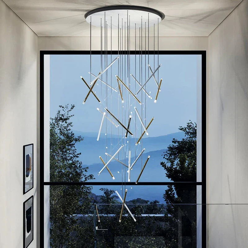 Afralia™ Black Round Tube LED Chandelier for Duplex Loft Stair - Interior Lighting Decoration