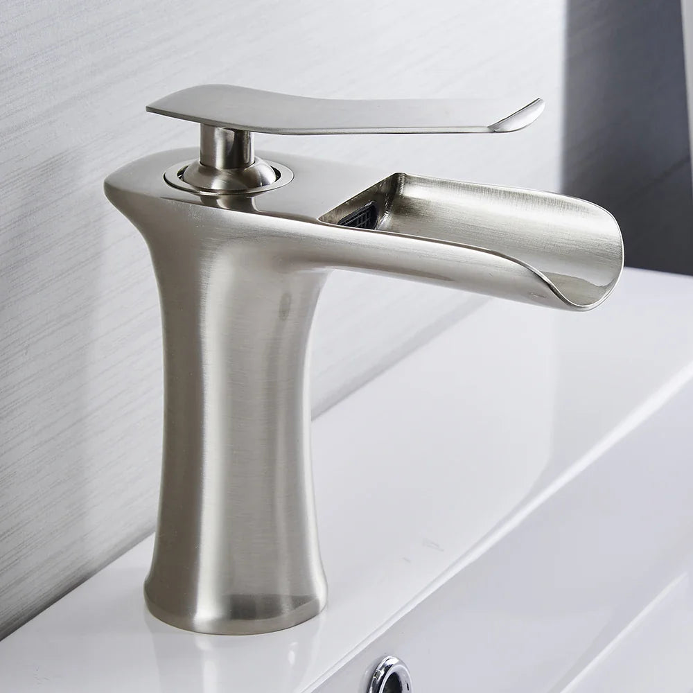 Afralia™ Waterfall Bathroom Faucet Single Handle Brass Basin Mixer Tap Antique Silver