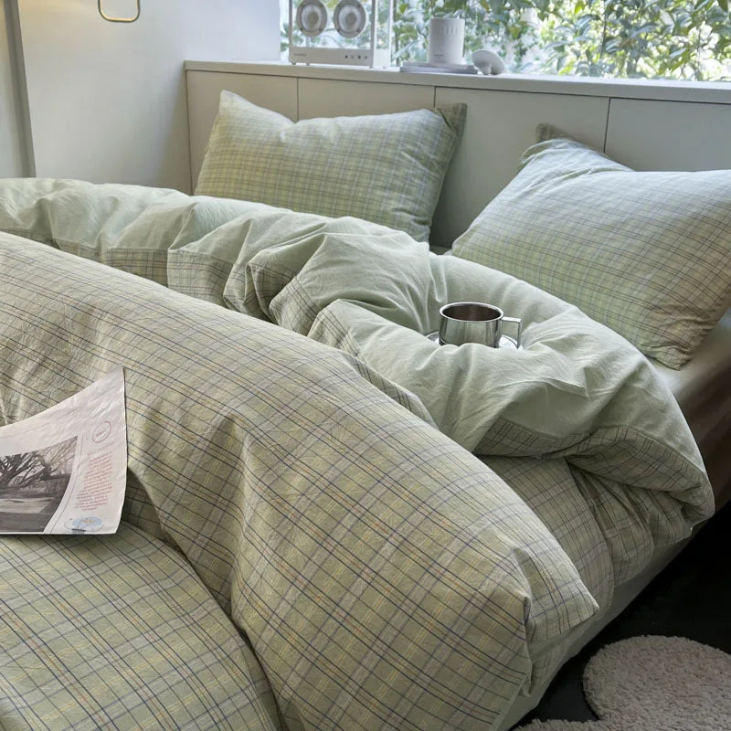Nordic Grid Print Bedding Set in Wash Cotton Linen for Single Double Bed by Afralia™