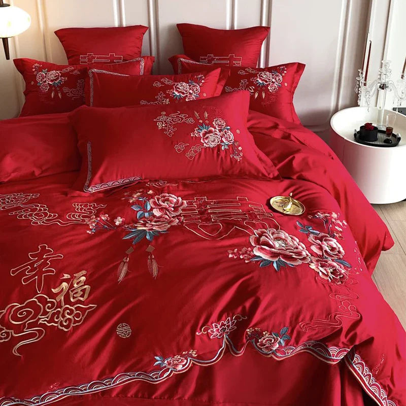 Afralia™ Peony Flowers Embroidery Queen Bedding Set with Brushed Duvet Cover and Sheet
