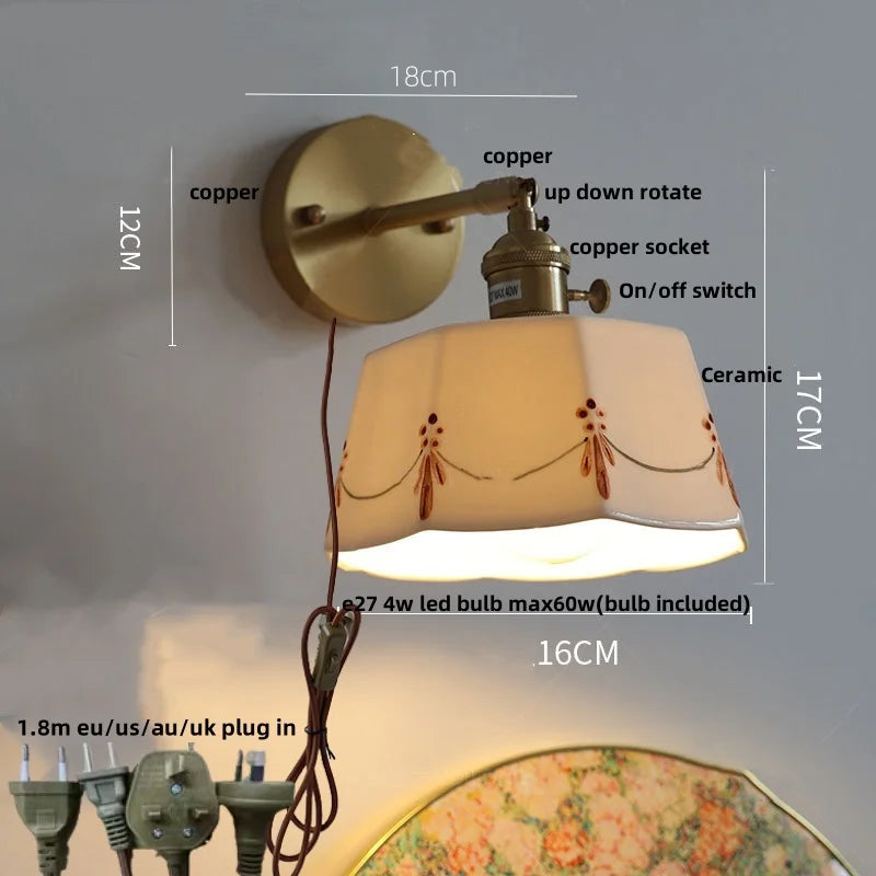 Afralia™ Ceramic Brass LED Wall Light Fixture Pull Chain Switch Bedside Lamp Sconce