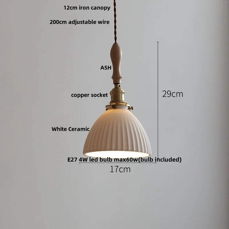 Afralia™ LED Pendant Light Ash Wood White Ceramic Japanese Style Hanging Lamp