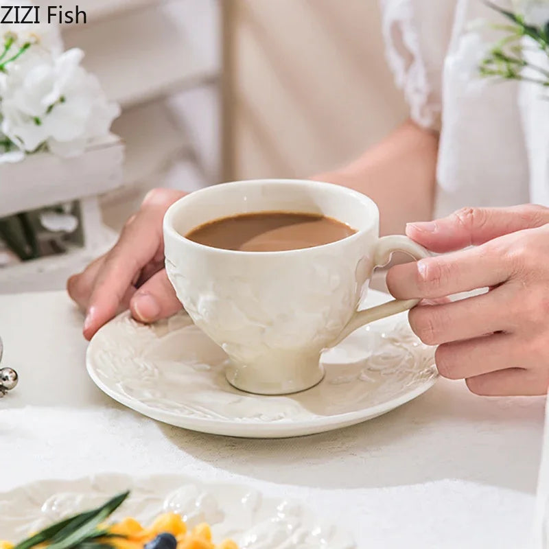 Afralia™ White Floral Ceramic Cup & Saucer Set for Elegant Dining Experience