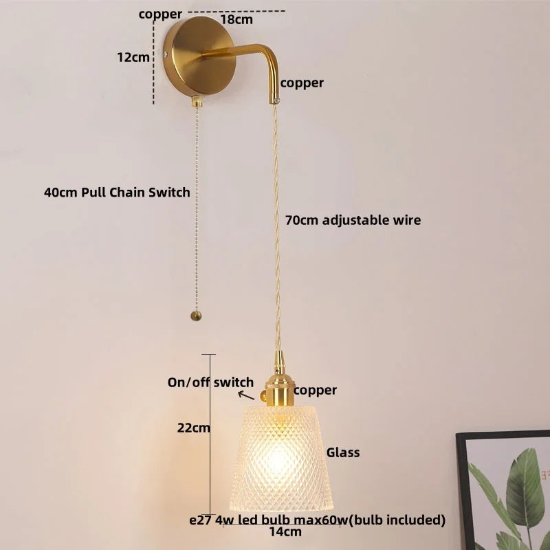 Afralia™ Clear Glass LED Wall Lamp Pull Chain Switch Modern Luxury Home Decor