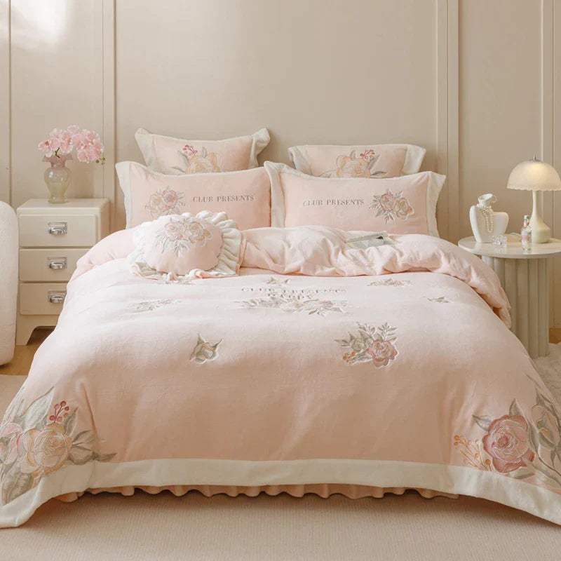 Afralia™ Pink Flowers Princess Bedding Set with Embroidery Ruffles in Milk Velvet