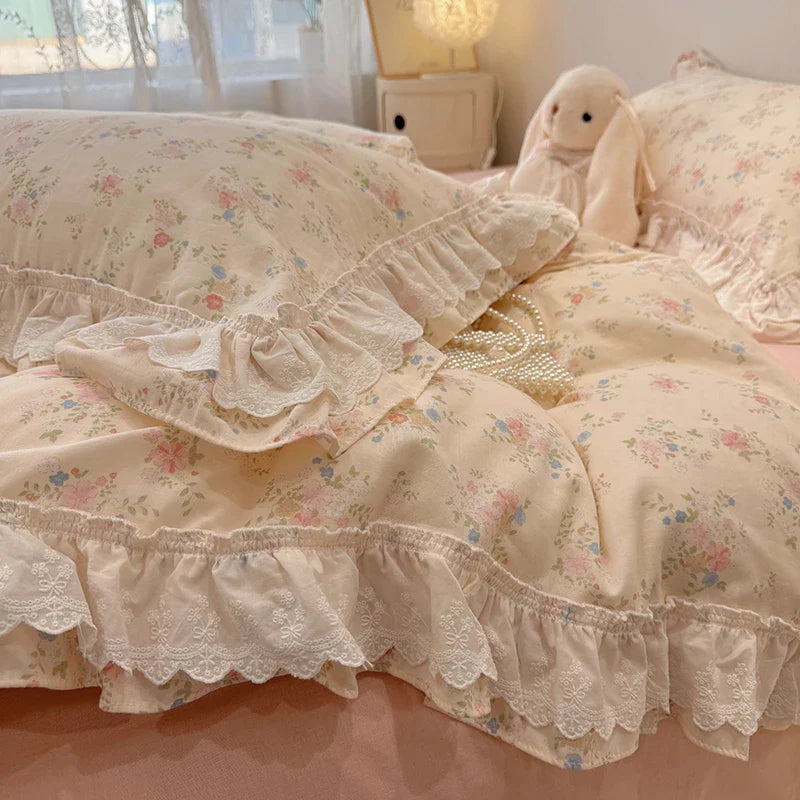 Afralia™ Floral Lace Ruffles Bedding Set in 100% Cotton, Korean Style, Single/Queen/King Size