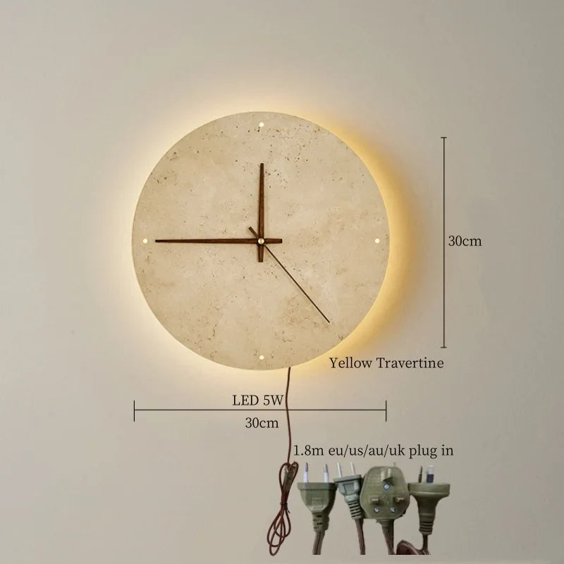 Afralia™ Vintage Wabi Sabi Yellow Travertine LED Wall Clock for Home and Bedroom