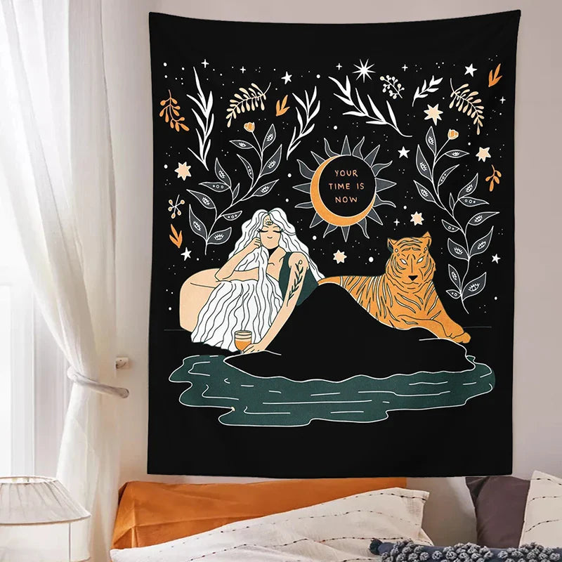 Afralia™ Tiger Woman Tapestry Wall Hanging Psychedelic Starry Sky Wall Decor