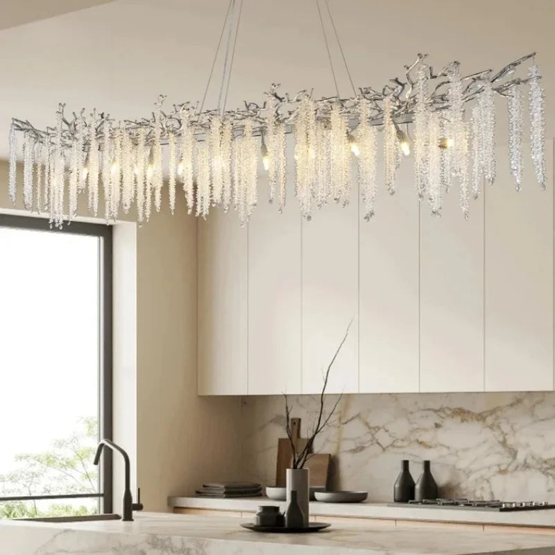 Afralia™ Large Silver Rectangular Crystal Chandelier for Dining & Living Room