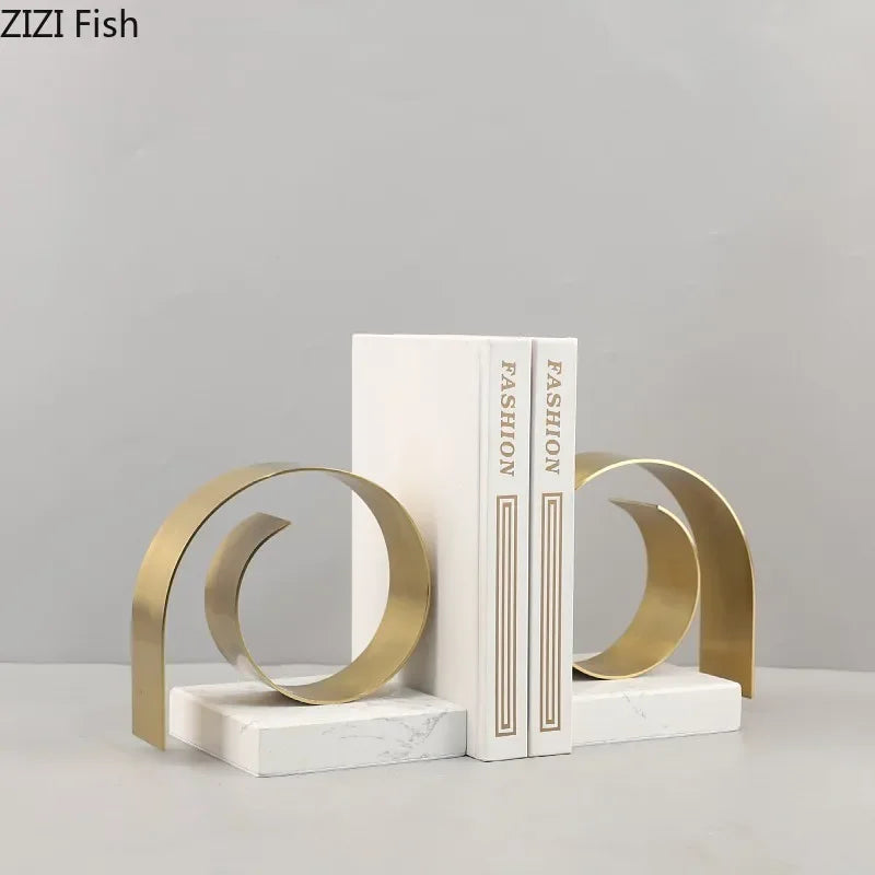 Afralia™ Golden Spiral Bookend Set with Marble Base for Stylish Desk & Library Decor